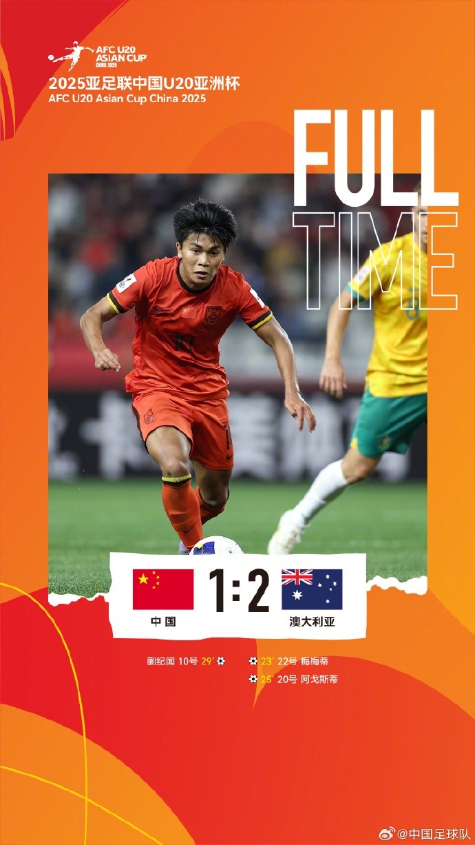  U20亞洲杯小組賽A組第三輪，中國隊1比2負于澳大利亞隊